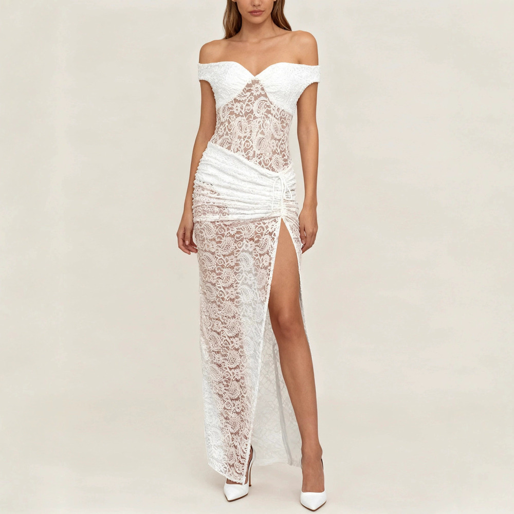 Zara Strapless Backless Lace High Slit Ruched Bodycon Maxi Dress